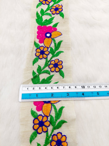 Beige Art Silk Fabric Trim With Pink and Yellow Floral Embroidery, Foil Mirror Embroider Trimming, Trim By The Yard